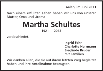 Traueranzeige von Martha Schultes von Schwäbische Post