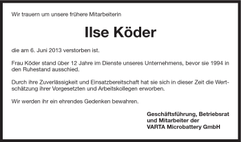 Traueranzeige von Ilse Köder von Schwäbische Post