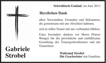 Traueranzeige von Gabriele Strobel von Gmünder Tagespost