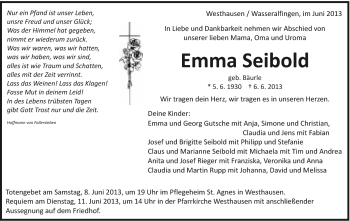 Traueranzeige von Emma Seibold von Schwäbische Post