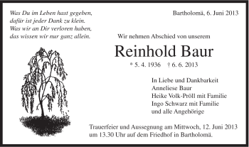 Traueranzeige von Reinhold Baur von Gmünder Tagespost