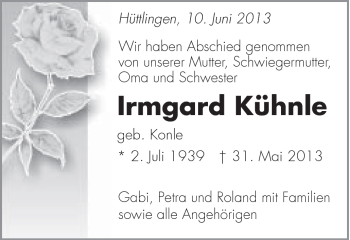 Traueranzeige von Kühnle Irmgard von Schwäbische Post