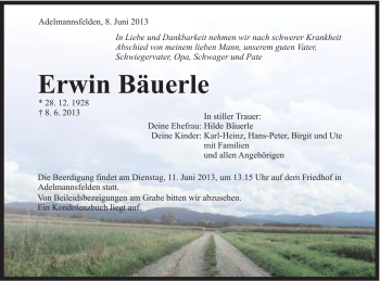 Traueranzeige von Erwin Bäuerle von Schwäbische Post