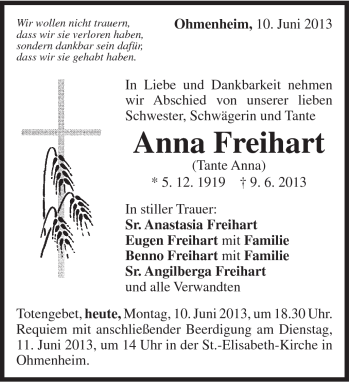 Traueranzeige von Anna Freihart von Schwäbische Post