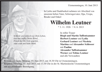Traueranzeige von Wilhelm Leutner von Schwäbische Post