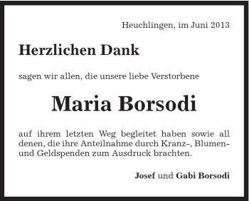 Traueranzeige von Maria Borsodi von Gmünder Tagespost