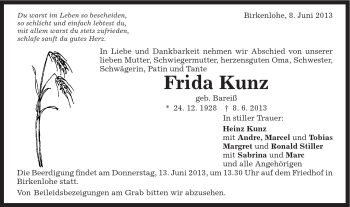 Traueranzeige von Frida Kunz von Gmünder Tagespost