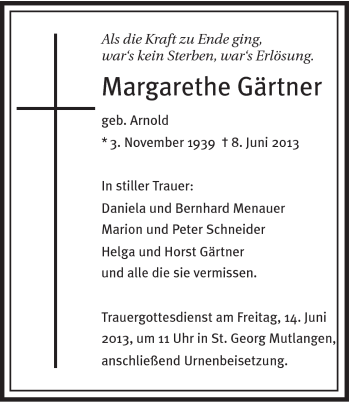 Traueranzeige von Margarethe Gärtner von Gmünder Tagespost
