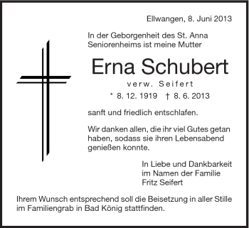 Traueranzeige von Erna Seifert von Schwäbische Post