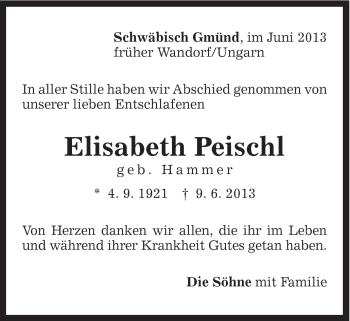 Traueranzeige von Elisabeth Peischl von Gmünder Tagespost