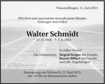 Traueranzeige von Walter Schmidt von Schwäbische Post