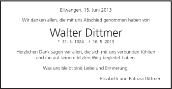 Traueranzeige von Walter Dittmer von Schwäbische Post