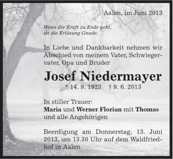 Traueranzeige von Josef Niedermayer von Schwäbische Post