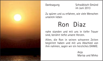 Traueranzeige von Ron Diaz von Gmünder Tagespost