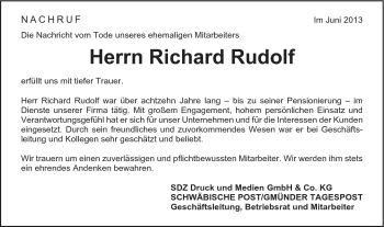Traueranzeige von Richard Rudolf von Schwäbische Post