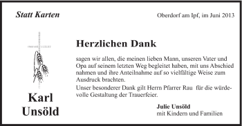 Traueranzeige von Karl Unsöld von Schwäbische Post