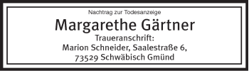 Traueranzeige von Margarethe Gärtner von Gmünder Tagespost