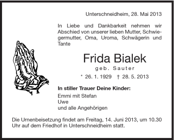 Traueranzeige von Frida Bialek von Schwäbische Post