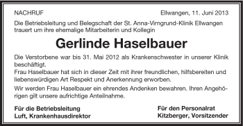Traueranzeige von Gerlinde Haselbauer von Schwäbische Post