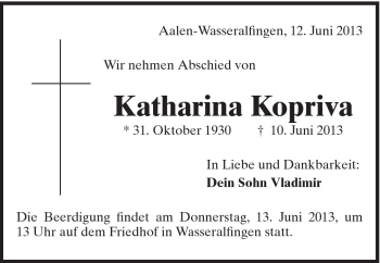 Traueranzeige von Katharina Kopriva von Schwäbische Post