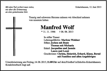 Traueranzeige von Manfred Wolf von Schwäbische Post