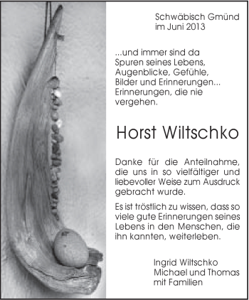 Traueranzeige von Horst Wiltschko von Gmünder Tagespost