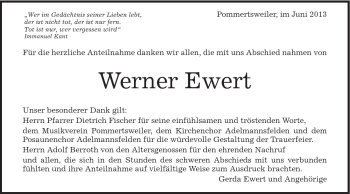 Traueranzeige von Werner Ewert von Schwäbische Post