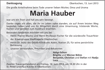 Traueranzeige von Maria Hauber von Schwäbische Post
