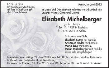 Traueranzeige von Elisabeth Michelberger von Schwäbische Post
