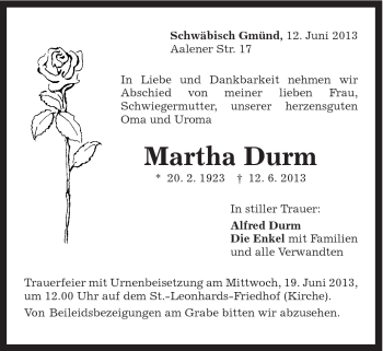 Traueranzeige von Martha Durm von Gmünder Tagespost