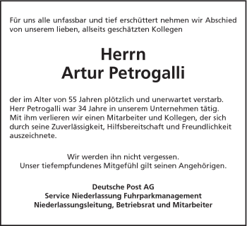 Traueranzeige von Artur Petrogalli von Schwäbische Post