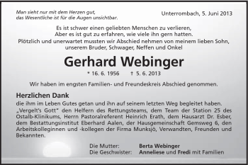 Traueranzeige von Gerhard Webinger von Schwäbische Post