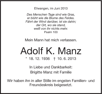 Traueranzeige von Adolf Manz von Schwäbische Post