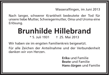 Traueranzeige von Brunhilde Hillebrand von Schwäbische Post