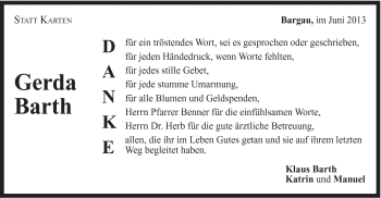 Traueranzeige von Gerda Barth von Gmünder Tagespost