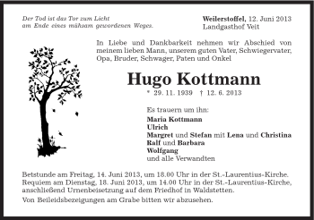 Traueranzeige von Hugo Kottmann von Gmünder Tagespost