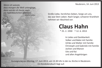Traueranzeige von Claus Hahn von Schwäbische Post