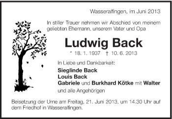 Traueranzeige von Ludwig Back von Schwäbische Post