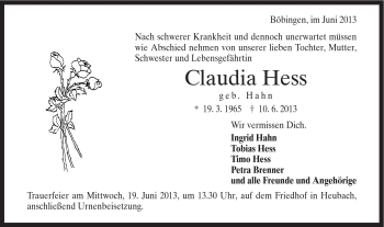 Traueranzeige von Claudia Hess von Gmünder Tagespost