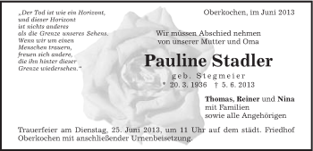 Traueranzeige von Pauline Stadler von Schwäbische Post