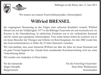 Traueranzeige von Wilfried Bressel von Gmünder Tagespost