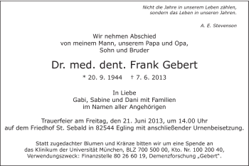 Traueranzeige von Frank Gebert von Schwäbische Post