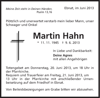 Traueranzeige von Martin Hahn von Schwäbische Post