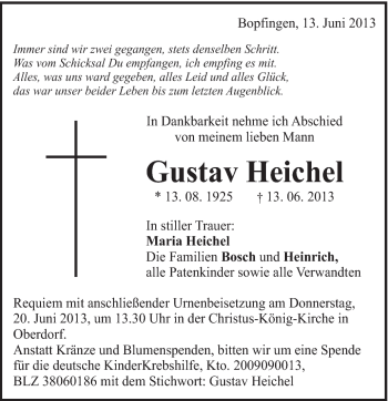 Traueranzeige von Gustav Heichel von Schwäbische Post