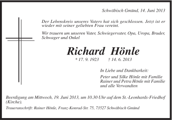 Traueranzeige von Richard Hönle von Gmünder Tagespost