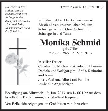 Traueranzeige von Monika Schmid von Gmünder Tagespost