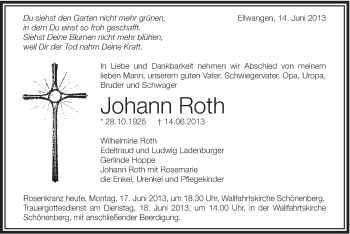 Traueranzeige von Johann Roth von Schwäbische Post