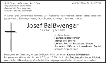 Traueranzeige von Josef Beißwenger von Gmünder Tagespost