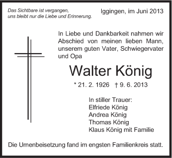 Traueranzeige von Walter König von Gmünder Tagespost