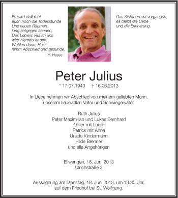 Traueranzeige von Peter Julius von Schwäbische Post